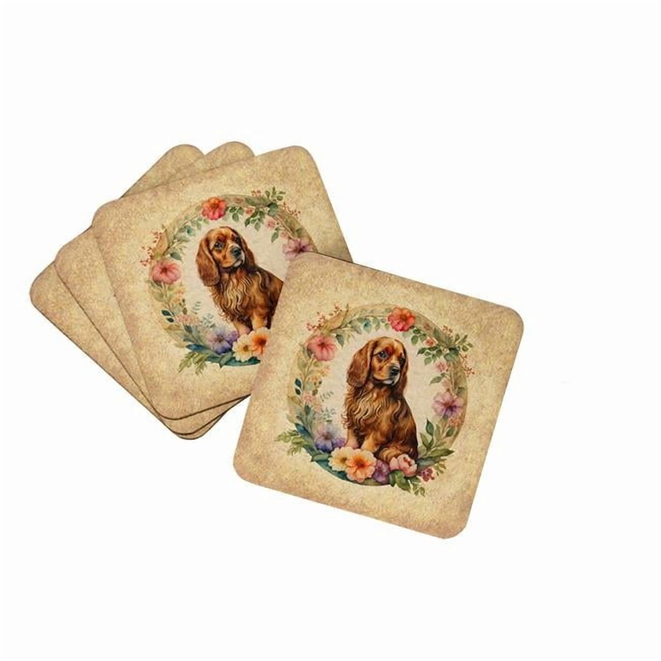 Sussex Spaniel and Flowers Foam Coaster Set of 4 3.5 in x 3.5 in