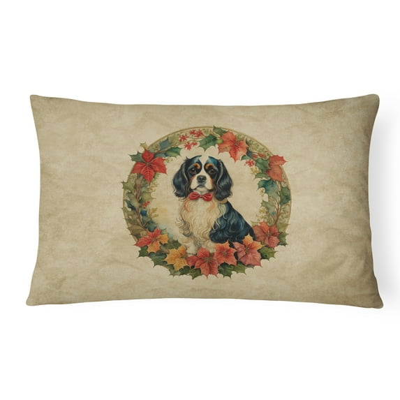 Carolines Treasures DAC2338PW1216 16 x 12 in. Unisex Cavalier Spaniel Christmas Flowers Polyester Fabric Throw Pillow