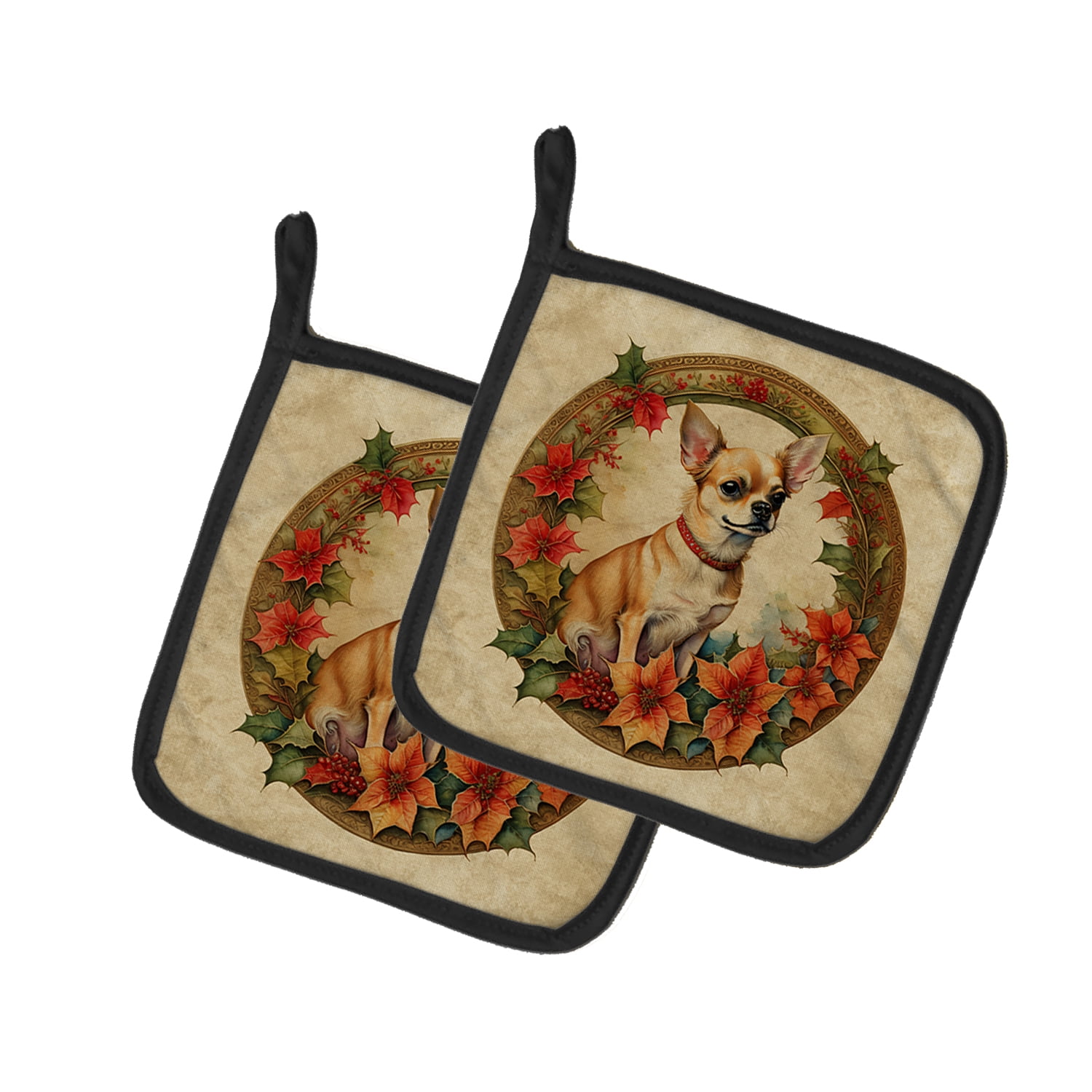 Carolines Treasures DAC2341PTHD 7.5 x 7.5 in. Unisex Chihuahua Christmas Flowers Pair of Pot Holders