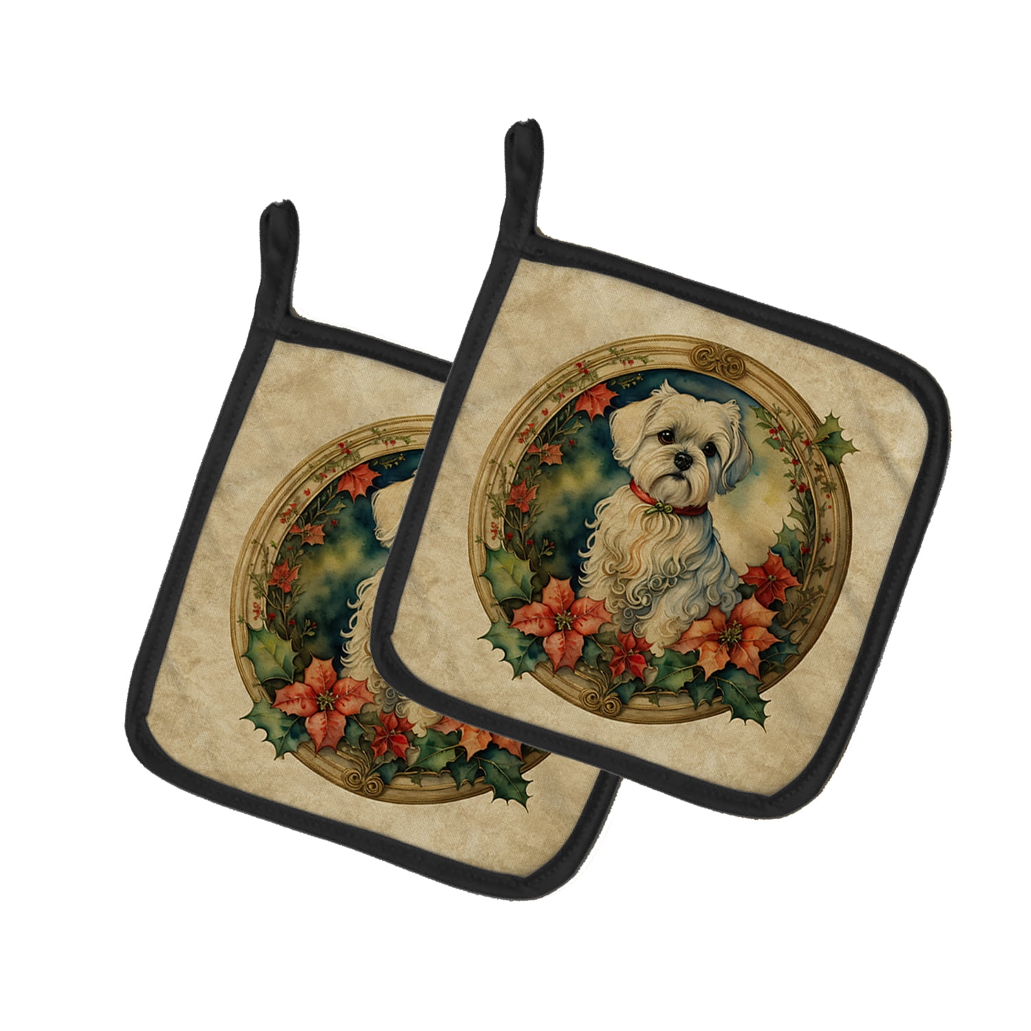 Carolines Treasures DAC2393PTHD 7.5 x 7.5 in. Unisex Maltese Christmas Flowers Pair of Pot Holders
