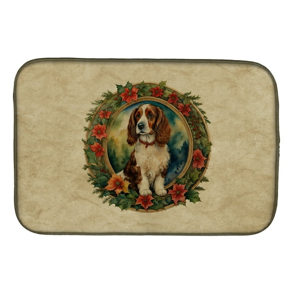 Welsh Springer Spaniel Christmas Flowers Dish Drying Mat 14 in x 21 in