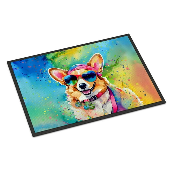 Caroline's Treasures DAC2496MAT Corgi Hippie Dawg Doormat Front Door Mat Indoor Outdoor Rugs for Entryway, Non Slip Washable Low Pile, 18H X 27W