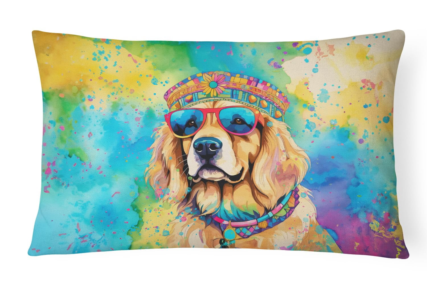 Golden Retriever Hippie Dawg Fabric Decorative Pillow 12 in x 16 in