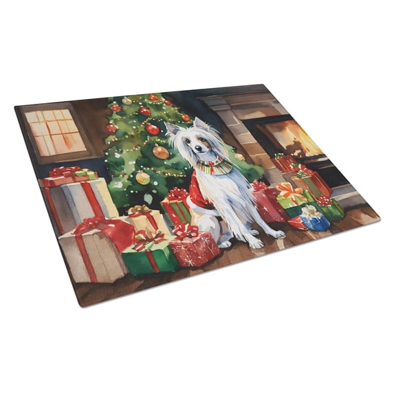 Carolines Treasures DAC2632LCB 12 x 15 x 0.2 in. Chinese Crested Cozy Christmas Glass Cutting Board - Large