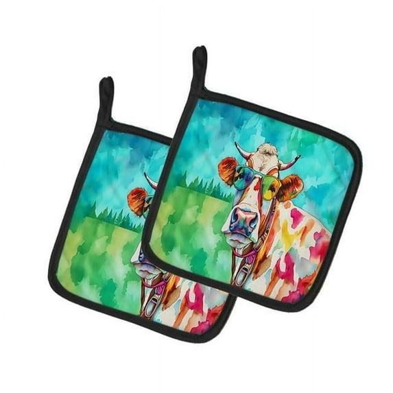 Carolines Treasures DAC3996PTHD 7.5 x 7.5 in. Unisex Hippie Animal Cow Pair of Pot Holders