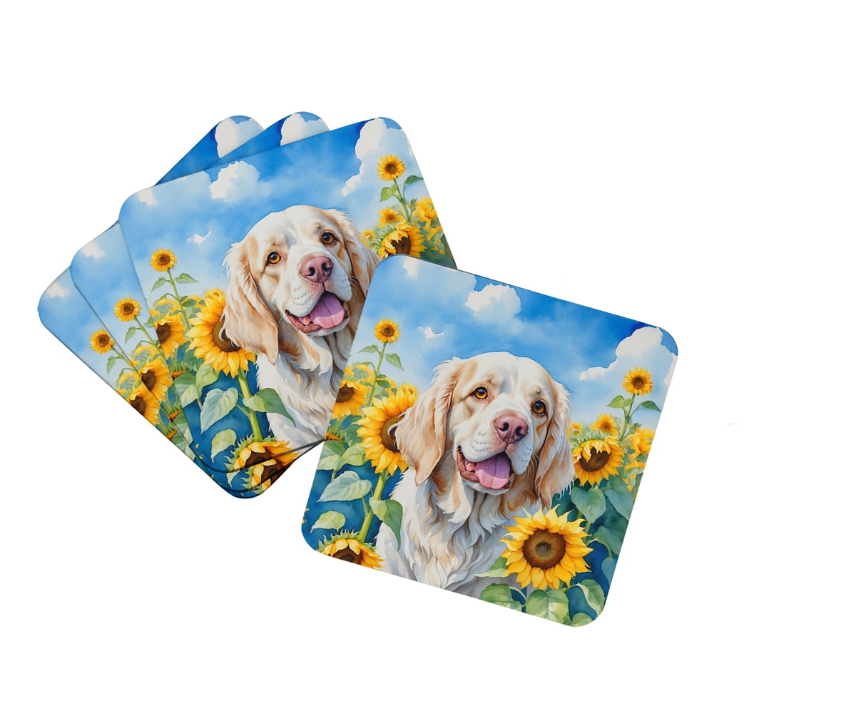 Clumber Spaniel in Sunflowers Foam Coasters 3.5 in x 3.5 in