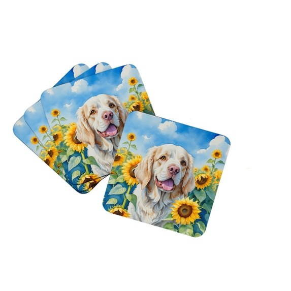 Clumber Spaniel in Sunflowers Foam Coasters 3.5 in x 3.5 in
