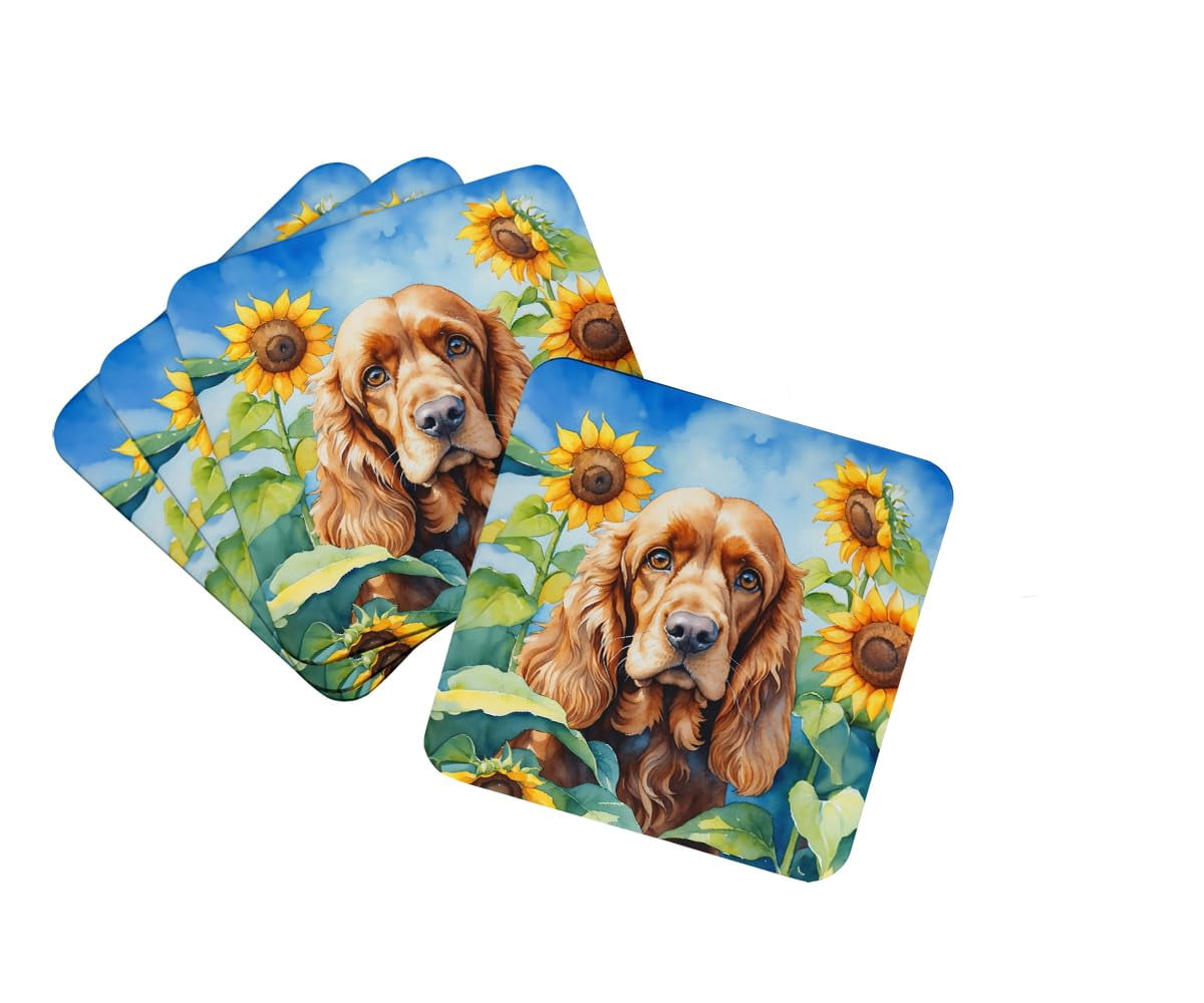 Cocker Spaniel in Sunflowers Foam Coasters 3.5 in x 3.5 in