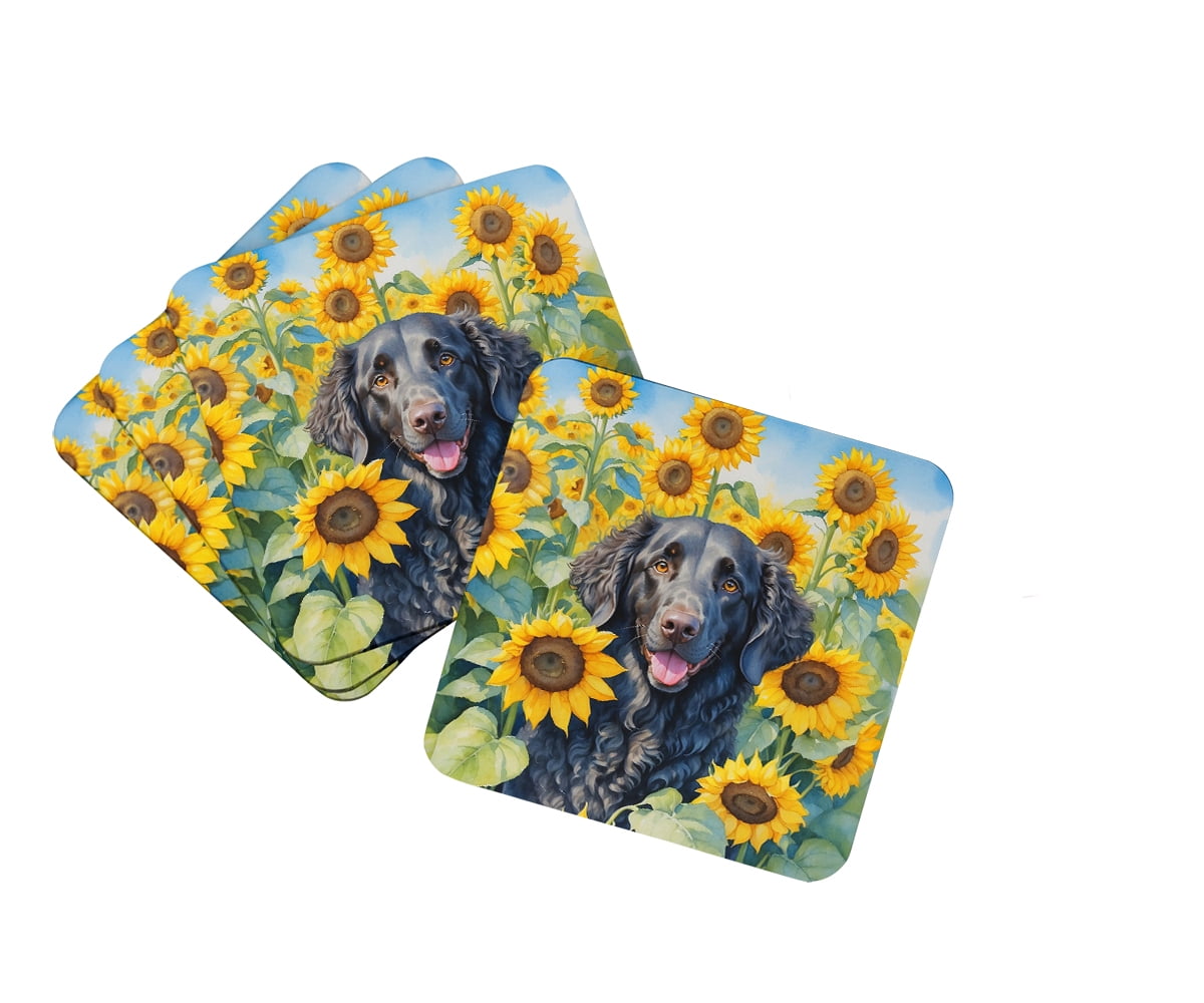 Curly-Coated Retriever in Sunflowers Foam Coasters 3.5 in x 3.5 in