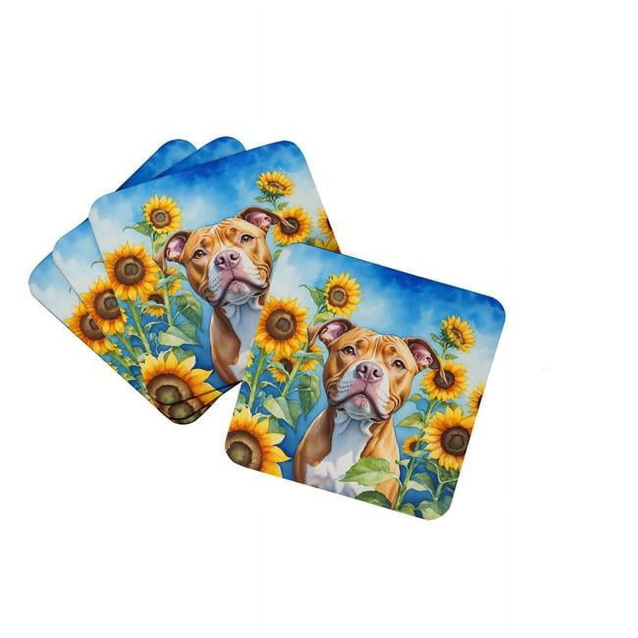 Pit Bull Terrier in Sunflowers Foam Coasters 3.5 in x 3.5 in