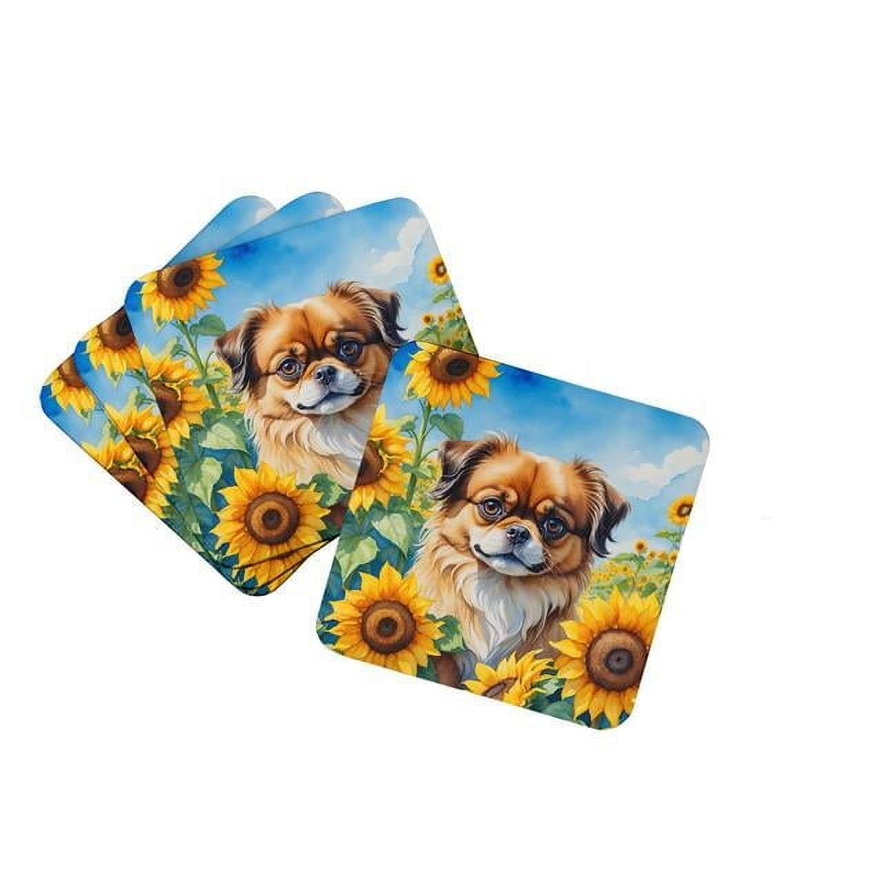 Tibetan Spaniel in Sunflowers Foam Coasters 3.5 in x 3.5 in