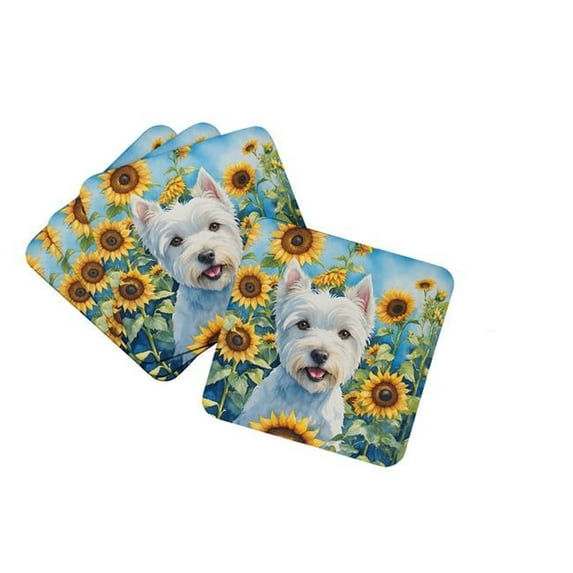 Westie in Sunflowers Foam Coasters 3.5 in x 3.5 in