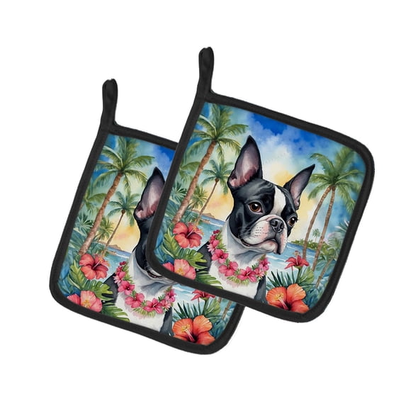 Carolines Treasures DAC6382PTHD 7.5 x 7.5 in. Unisex Boston Terrier Luau Pair of Pot Holder