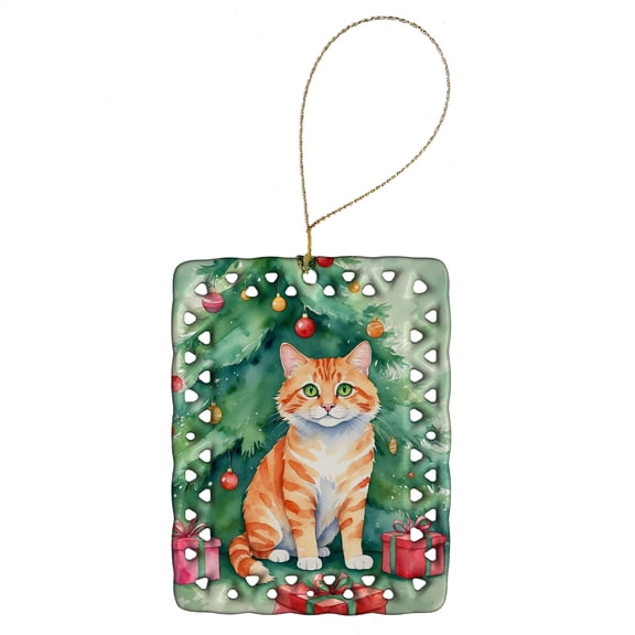 Carolines Treasures DAC7205CO2 3.4 x 2.6 in. Cheetoh Cat by the Christmas Tree Porcelain Ornament