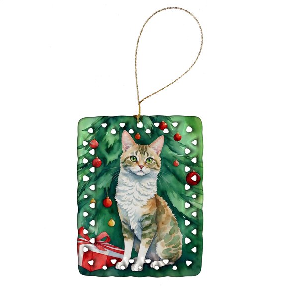 Carolines Treasures DAC7239CO2 3.4 x 2.6 in. Oregon Rex Cat by the Christmas Tree Porcelain Ornament