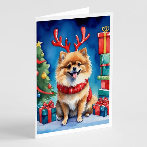 Carolines Treasures DAC7842GCA7P 5 x 7 in. Pomeranian Christmas Reindeer Greeting Cards, Pack of 8