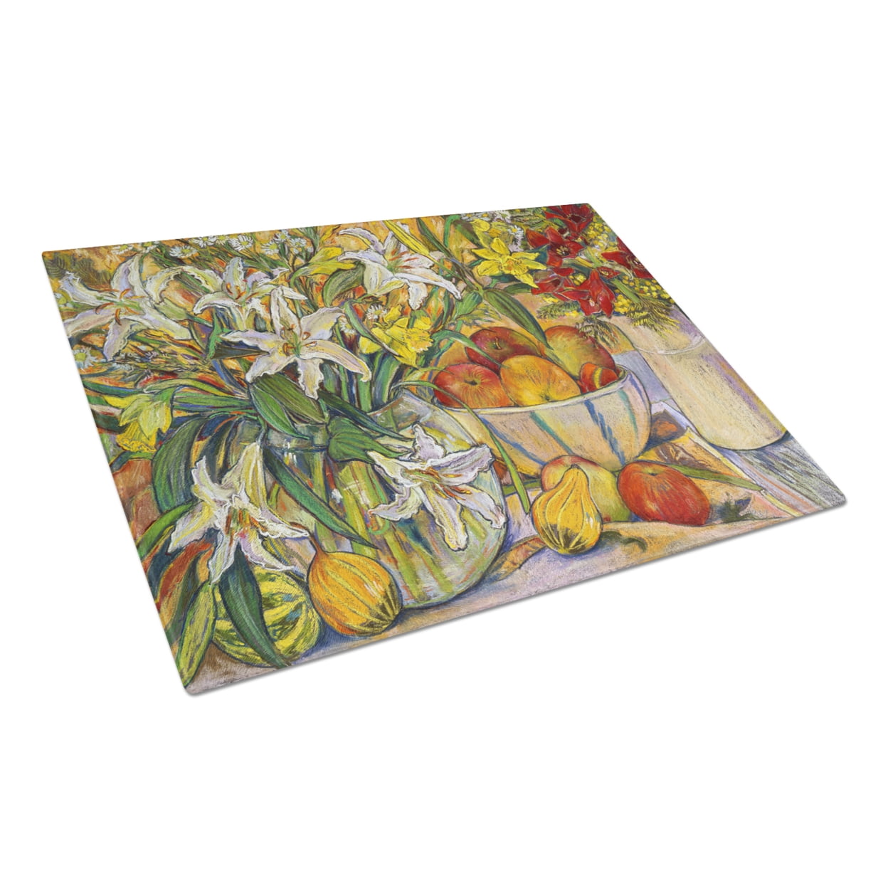Large Multicolor Tempered Glass Cutting Board with Fruit and Floral Design