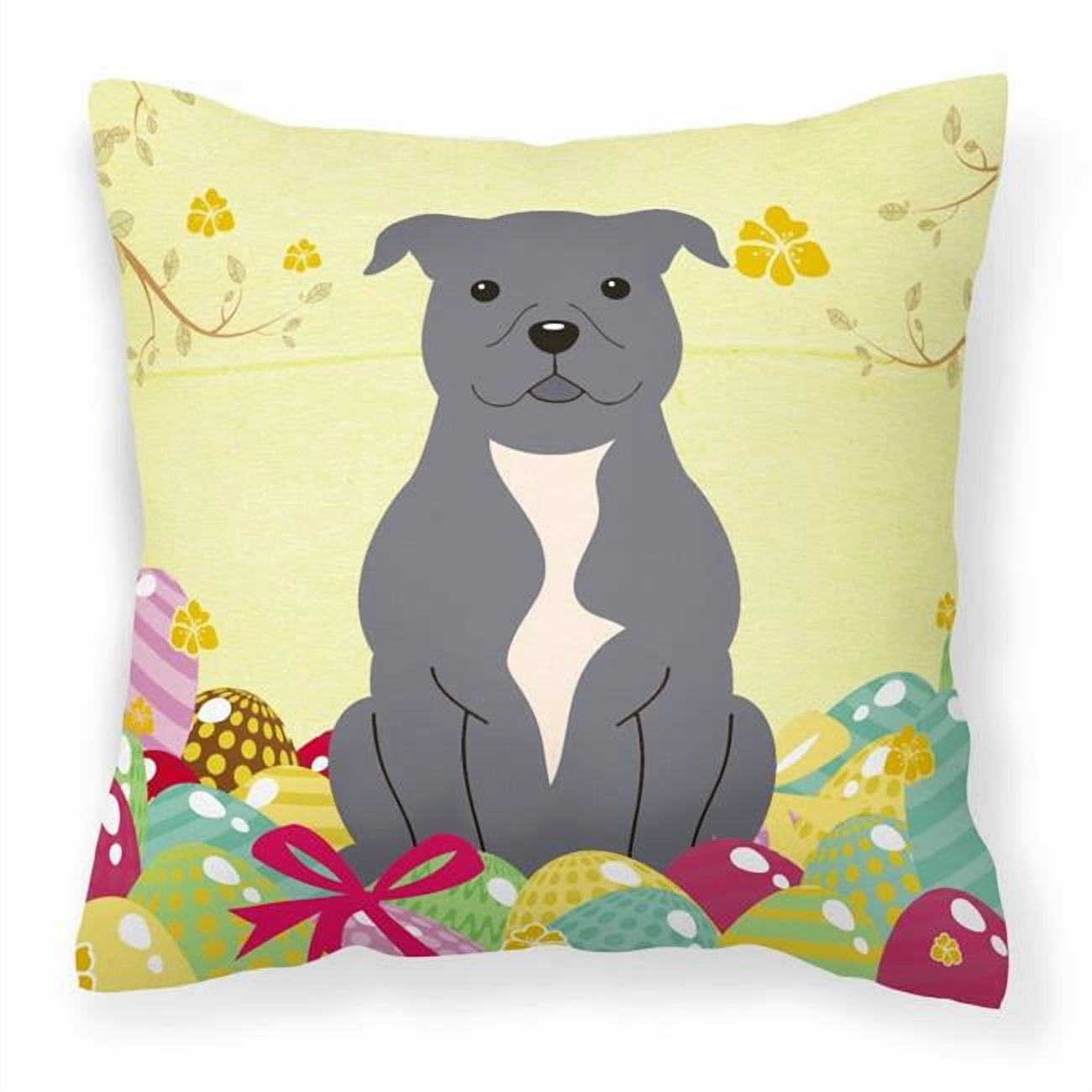 Caroline's Treasures BB6046PW1414 Easter Eggs Staffordshire Bull Terrier Blue Fabric Decorative Pillow , 14Hx14W,