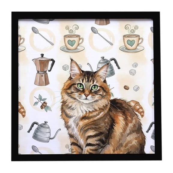 Carolines Treasures FNT1387MFP88 8 x 8 in. Norwegian Forest Cat Brown Tabby Cat Coffee Time Framed Metal Print
