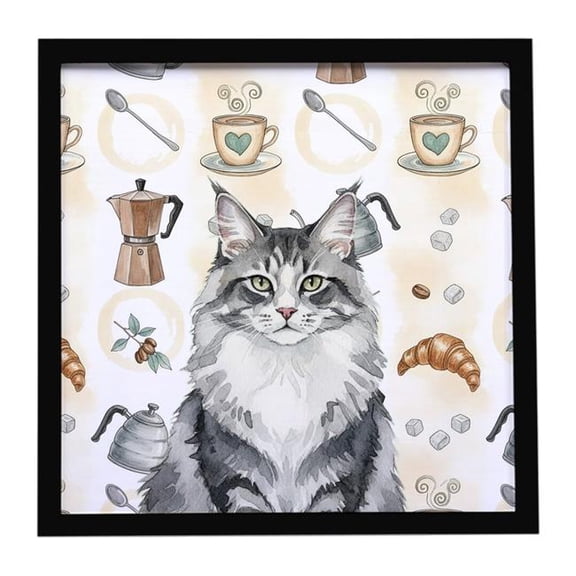 Carolines Treasures FNT1388MFP88 8 x 8 in. Norwegian Forest Cat Gray & White Cat Coffee Time Framed Metal Print