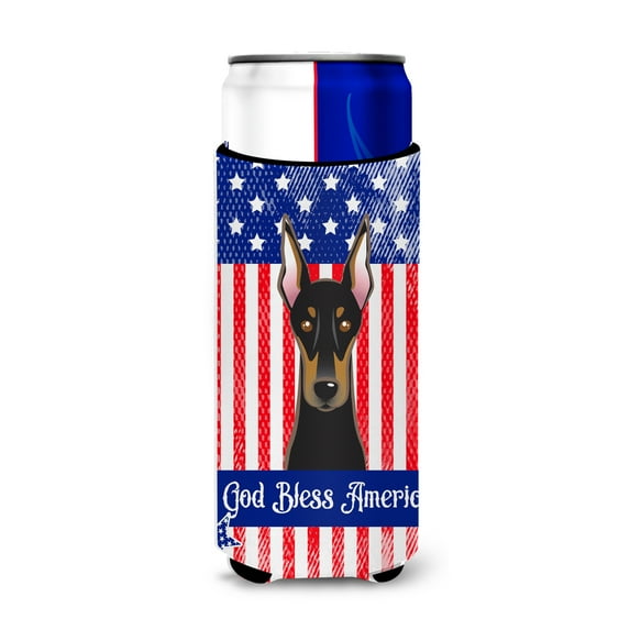 Carolines Treasures God Bless American Flag with Doberman Michelob Ultra beverage Insulator for slim cans Slim Can