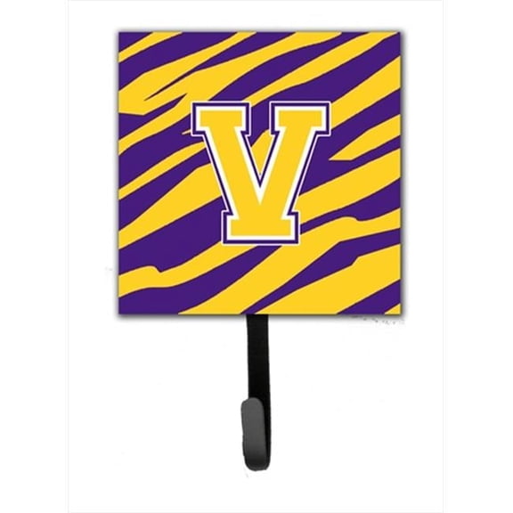 Carolines Treasures Initial V Tiger Stripe - Purple Gold Leash Holder Or Key Hook