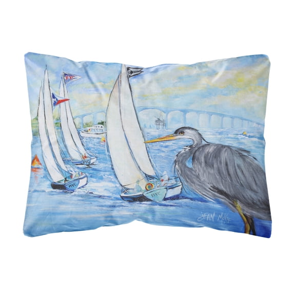 Blue Heron Sailboats Dog River Bridge Canvas Fabric Decorative Pillow