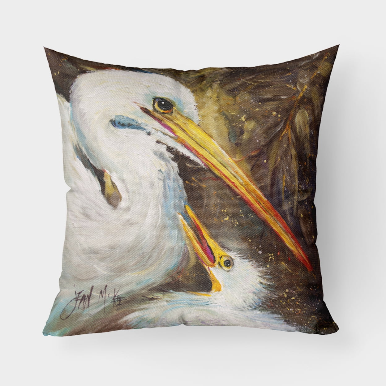 Carolines Treasures JMK1211PW1818 White Egret feeding baby Canvas Fabric Decorative Pillow  18H x18W multicolor