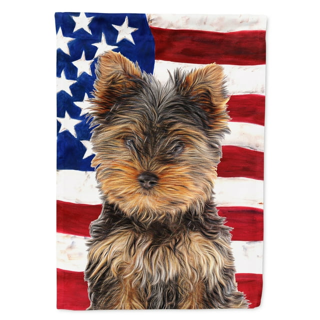 Carolines Treasures KJ1160CHF USA American Flag with Yorkie Puppy / Yorkshire Terrier Flag Canvas House Size, House