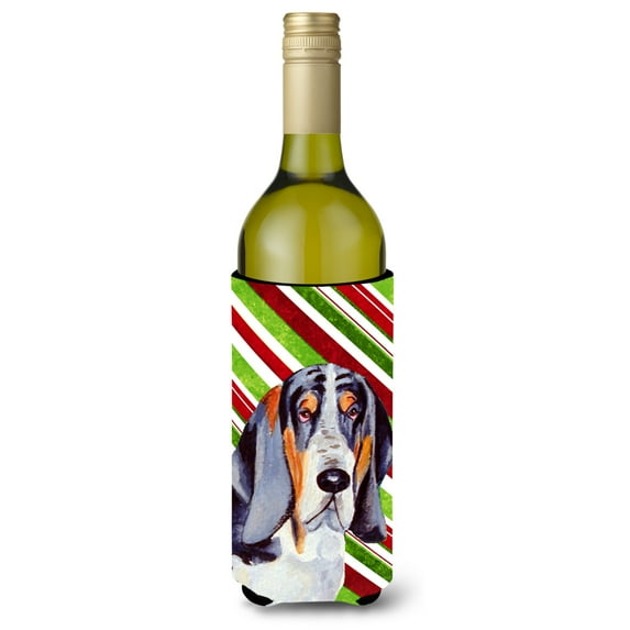 Carolines Treasures LH9237LITERK Basset Hound Candy Cane Holiday Christmas Wine Bottle Hugger Wine Bottle multicolor