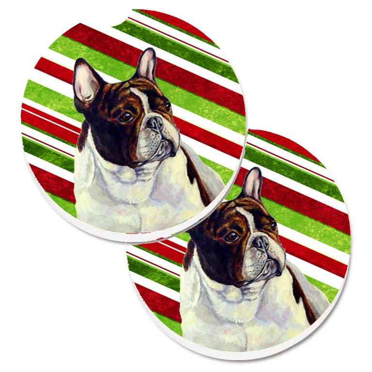 Carolines Treasures LH9247CARC French Bulldog Candy Cane Holiday Christmas  Set of 2 Cup Holder Car Coasters, Large, 