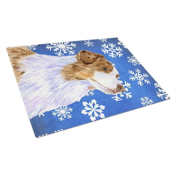 Carolines Treasures LH9273LCB Australian Shepherd Winter Snowflakes Holiday Glass Cutting Board Large, 12H x 16W,