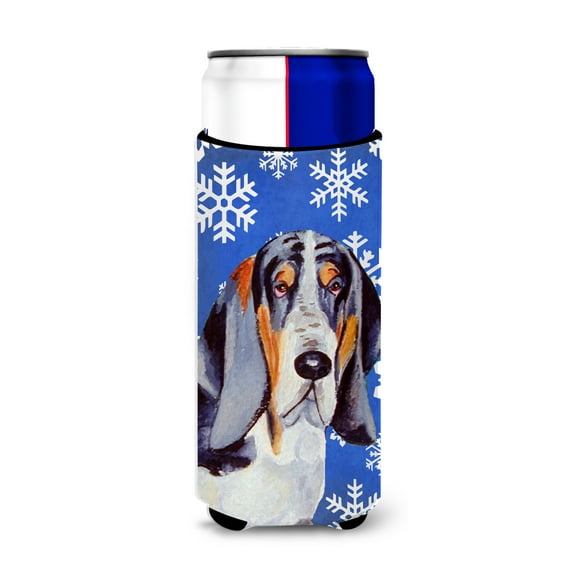 Carolines Treasures LH9282MUK Basset Hound Winter Snowflakes Holiday Ultra Hugger for slim cans Slim Can multicolor