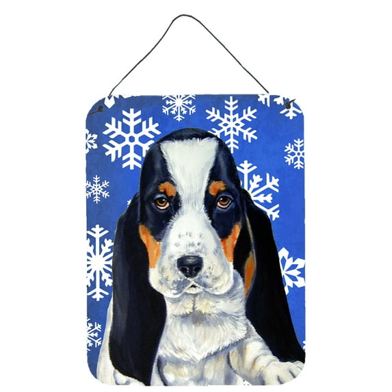 Carolines Treasures LH9284DS1216 Basset Hound Winter Snowflakes Holiday Wall or Door Hanging Prints 12WX16H multicolor