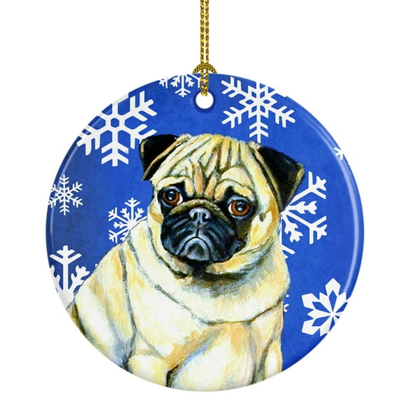 Carolines Treasures LH9297-CO1 Pug Winter Snowflakes Holiday Ceramic Ornament 3 in multicolor