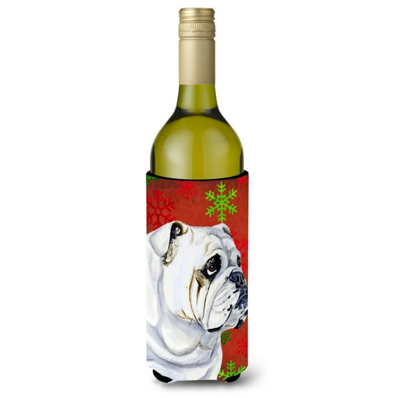 Carolines Treasures LH9319LITERK Bulldog English Red and Green Snowflakes Holiday Christmas Wine Bottle Hugger Wine