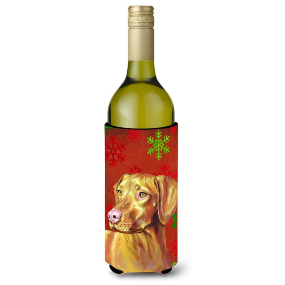 Carolines Treasures LH9325LITERK Vizsla Red and Green Snowflakes Holiday Christmas Wine Bottle Hugger Wine Bottle