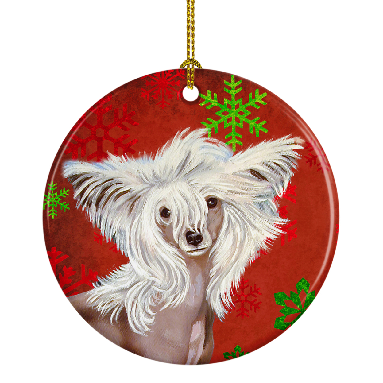 Carolines Treasures LH9347-CO1 Chinese Crested Red and Green Snowflakes Holiday Christmas Ceramic Ornament 3 in