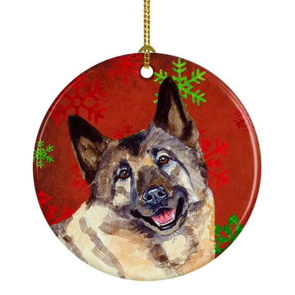 Carolines Treasures LH9353-CO1 Norwegian Elkhound Red and Green Snowflakes Holiday Christmas Ceramic Ornament 3 in