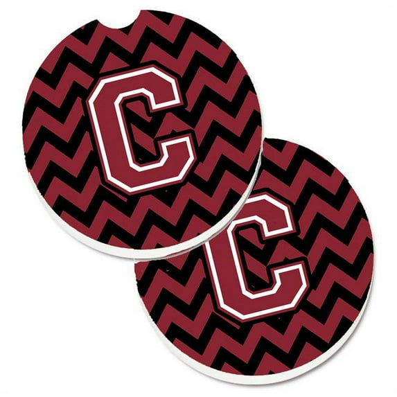 Carolines Treasures Letter C Chevron Garnet & Black Set of 2 Cup Holder Car Coaster - Garnet & Black - 2.5in. H x 0.25in. W x 2.5in. L