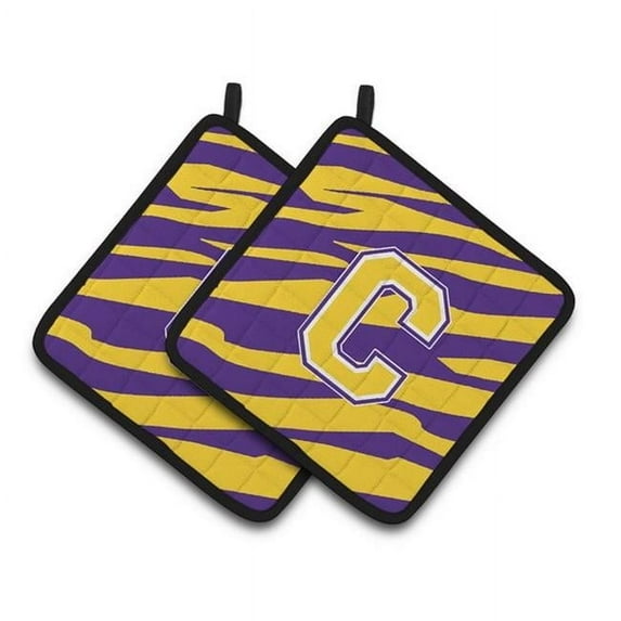 Carolines Treasures Letter C Monogram - Tiger Stripe - Purple Gold Pair of Pot Holders - 7.5 x 3 x 7.5 in.