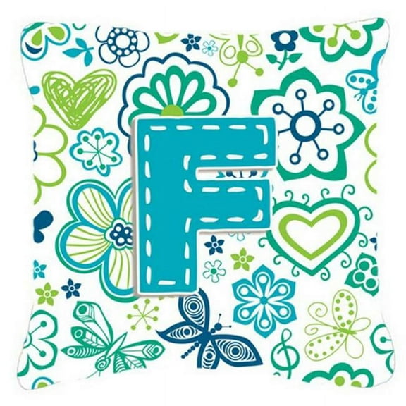 Carolines Treasures Letter F Flowers And Butterflies Teal Blue Canvas Fabric Decorative Pillow