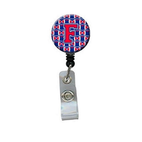 Carolines Treasures  Letter F Football Harvard Crimson & Yale Blue Retractable Badge Reel - Crimson & Yale Blue - 5in. H x 1in. W x 2in. L