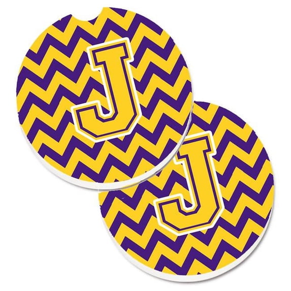 Carolines Treasures Letter J Chevron Purple & Gold Set of 2 Cup Holder Car Coaster - Purple & Gold - 2.5in. H x 0.25in. W x 2.5in. L