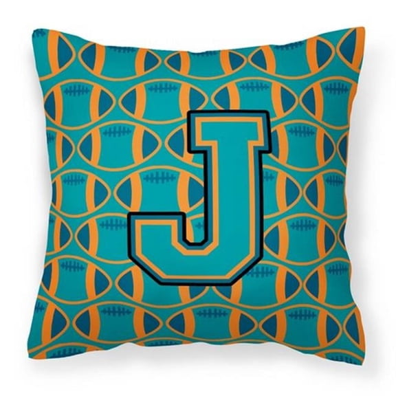 Carolines Treasures  Letter J Football Aqua - Orange & Marine Blue Fabric Decorative Pillow