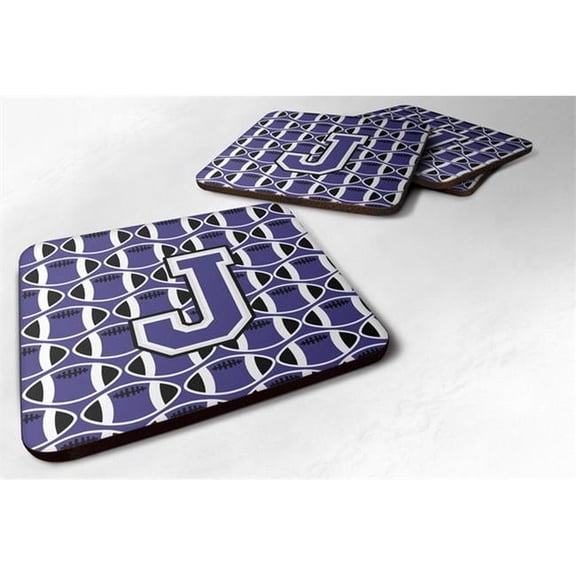 Carolines Treasures  Letter J Football Purple & White Foam Coaster
