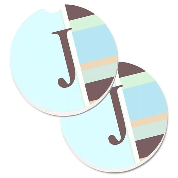 Carolines Treasures Letter J Initial Monogram Blue Stripes Set of 2 Cup Holder Car Coaster - Blue