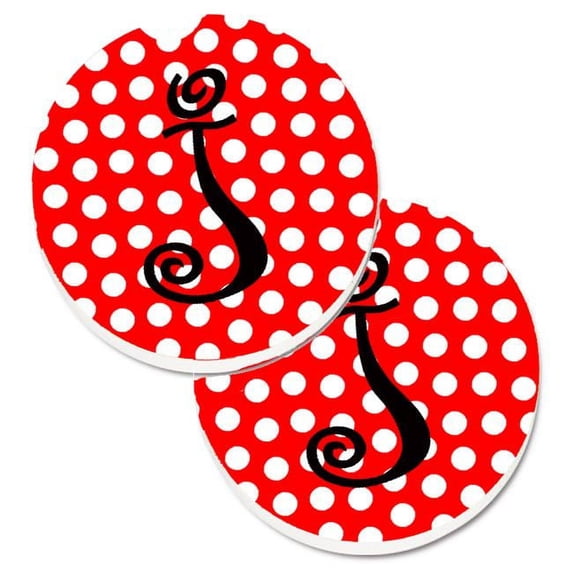Carolines Treasures Letter J Initial Monogram Red & Black Polka Dots Set of 2 Cup Holder Car Coaster