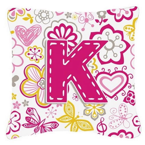 Carolines Treasures Letter K Flowers And Butterflies Pink Canvas Fabric Decorative Pillow - Pink - 14 L x 3 W x 14 H in.