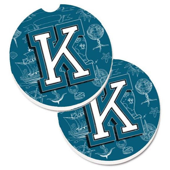 Carolines Treasures  Letter K Sea Doodles Initial Alphabet Set of 2 Cup Holder Car Coaster